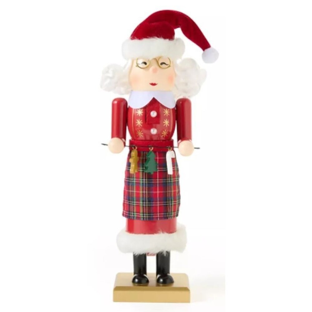 Wooden Nutcracker, 14", WHITE MRS. CLAUS IN PLAID APRON W/CHRISTMAS ITEMS, BLK